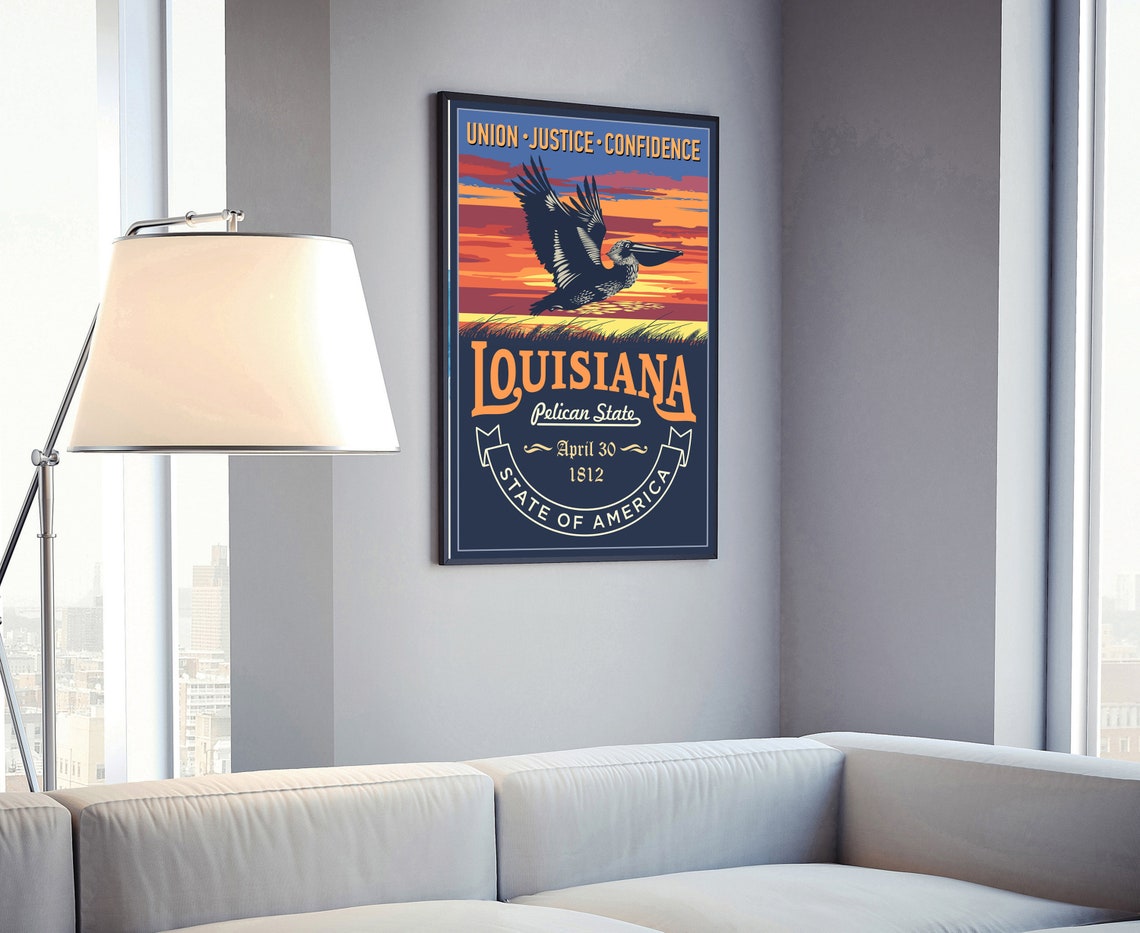 Louisiana Pelican State Retro Sunset State Emblem Travel Poster - Image 4