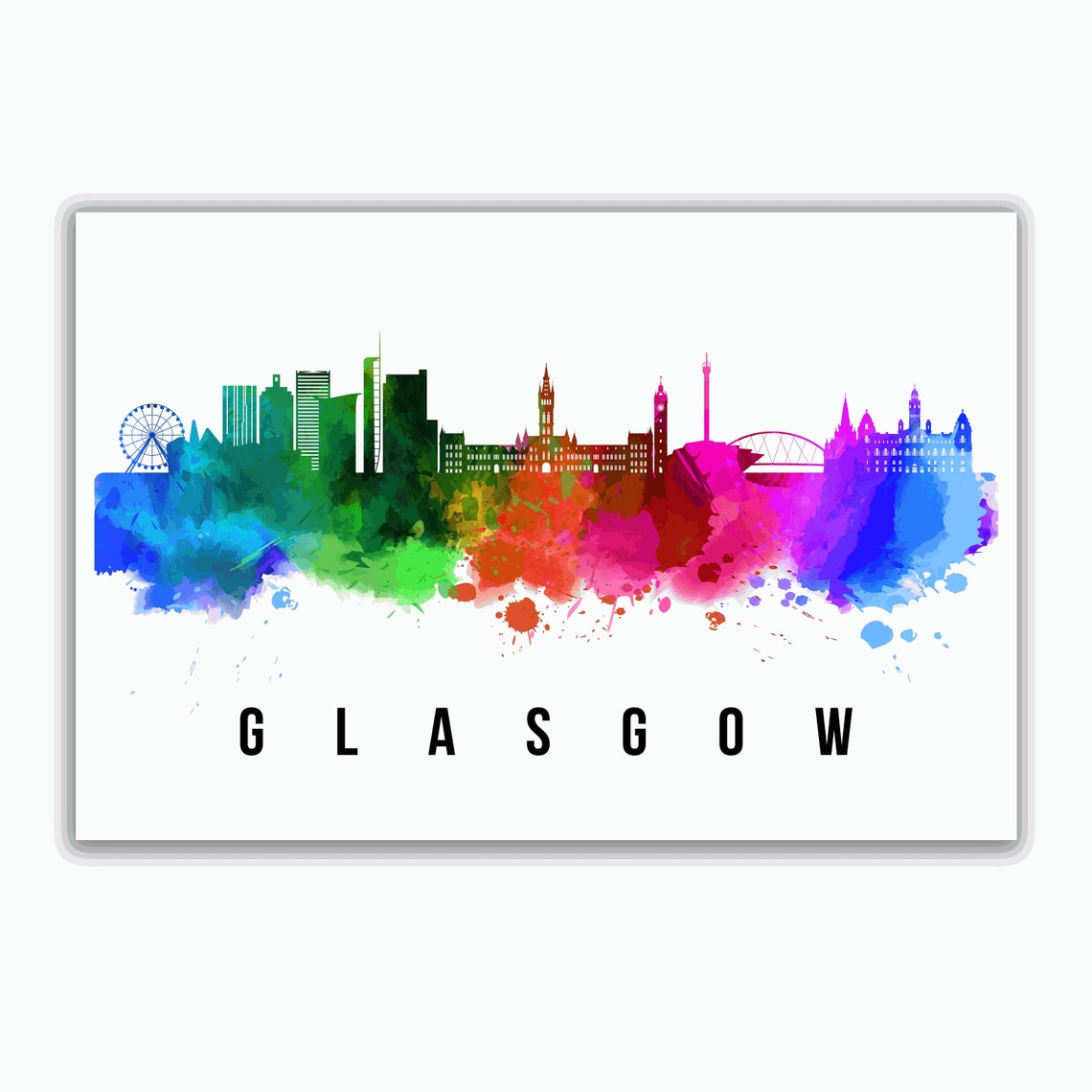 Glasgow Scotland Rainbow Watercolor Skyline Silhouette Art Poster - Image 2