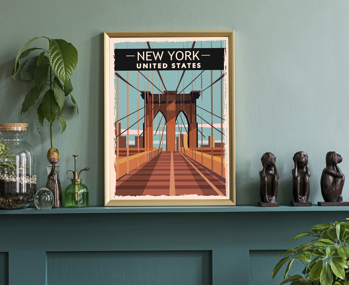 New York City Brooklyn Bridge Retro Vintage Travel Poster Wall Art - Image 3