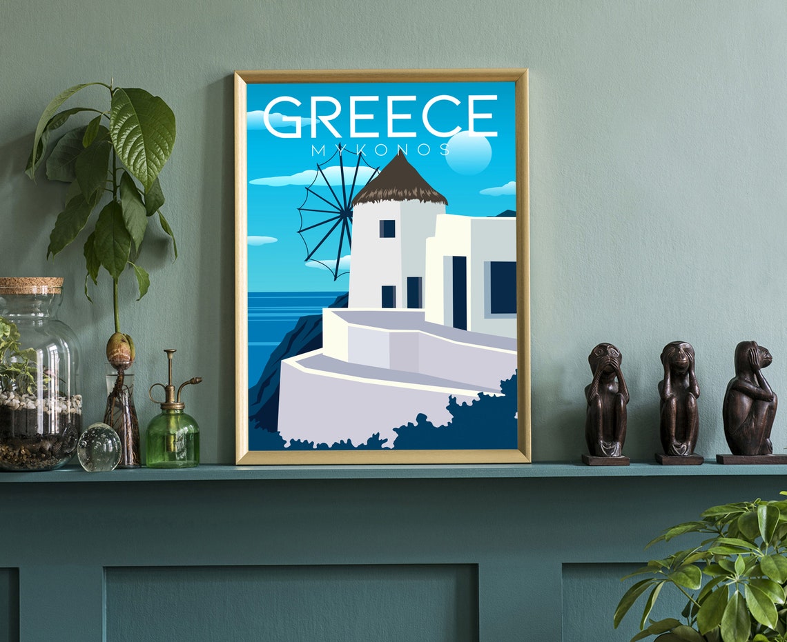 Greece Mykonos Whitewashed Windmill Bright Blue Sky Travel Poster - Image 3