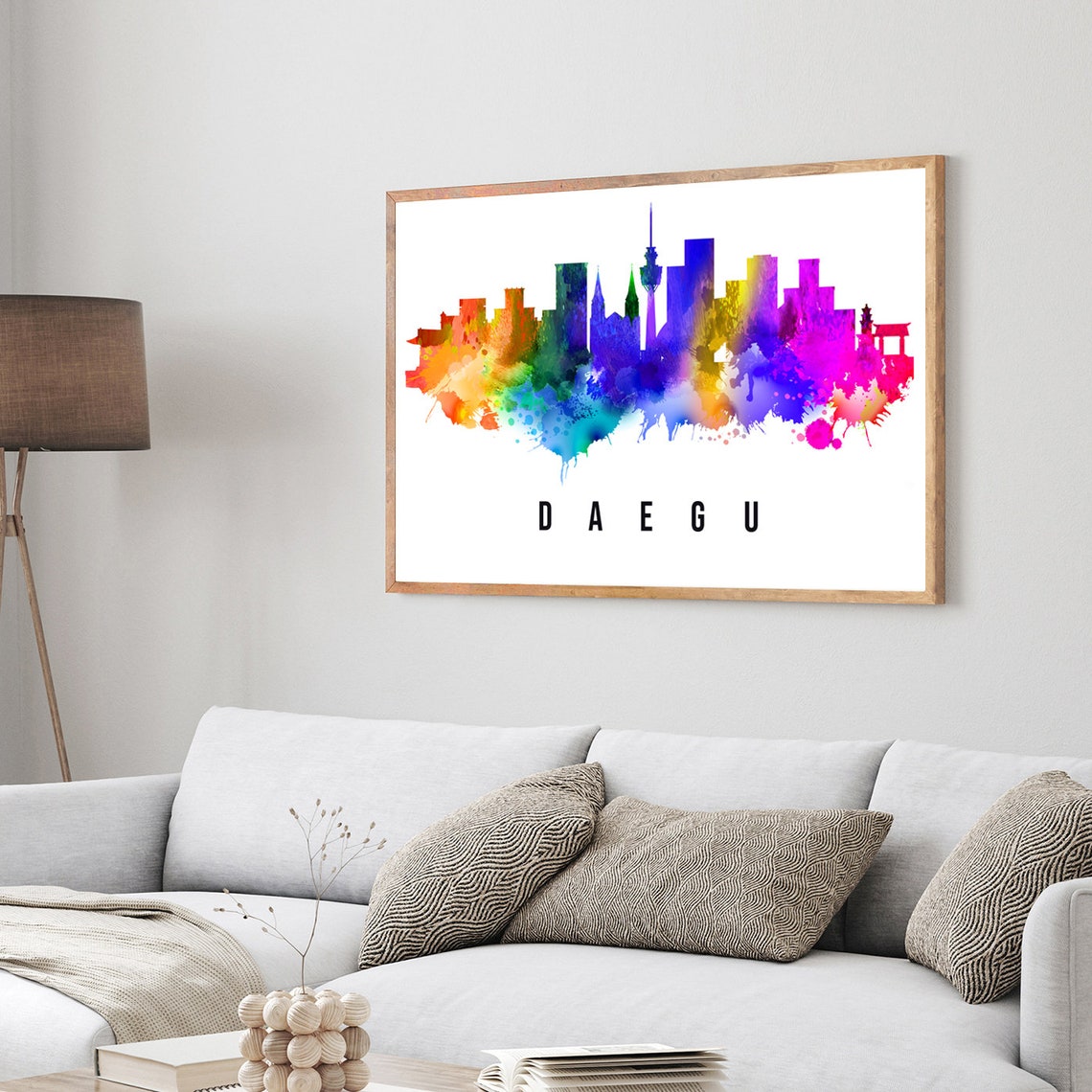 Daegu South Korea Watercolor Rainbow Skyline TV Tower Cityscape Poster - Image 3