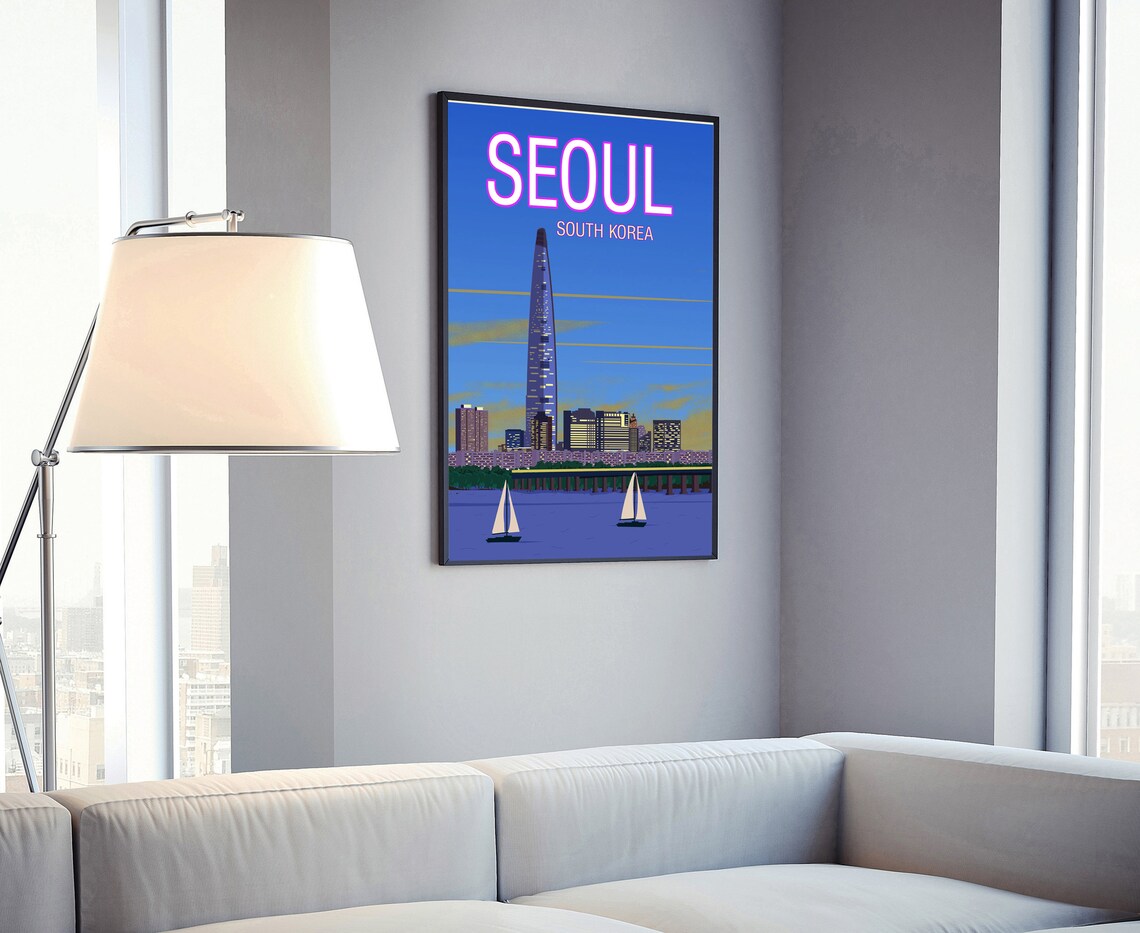 Seoul South Korea Lotte Tower Night Skyline Han River Travel Poster - Image 4