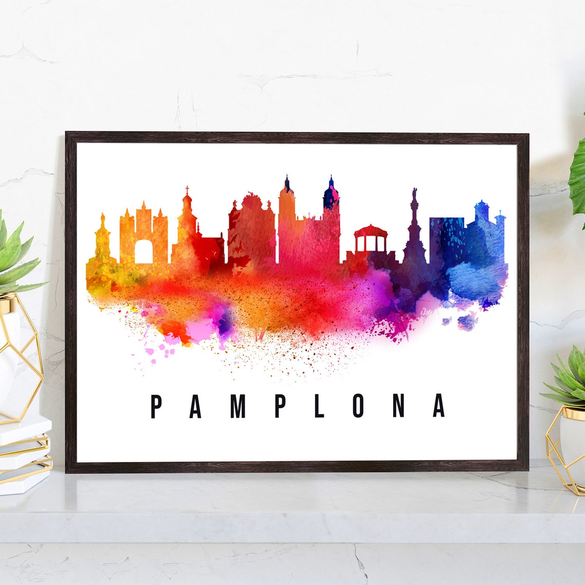 Pamplona Spain Rainbow Watercolor Cathedral Old Town Skyline Poster