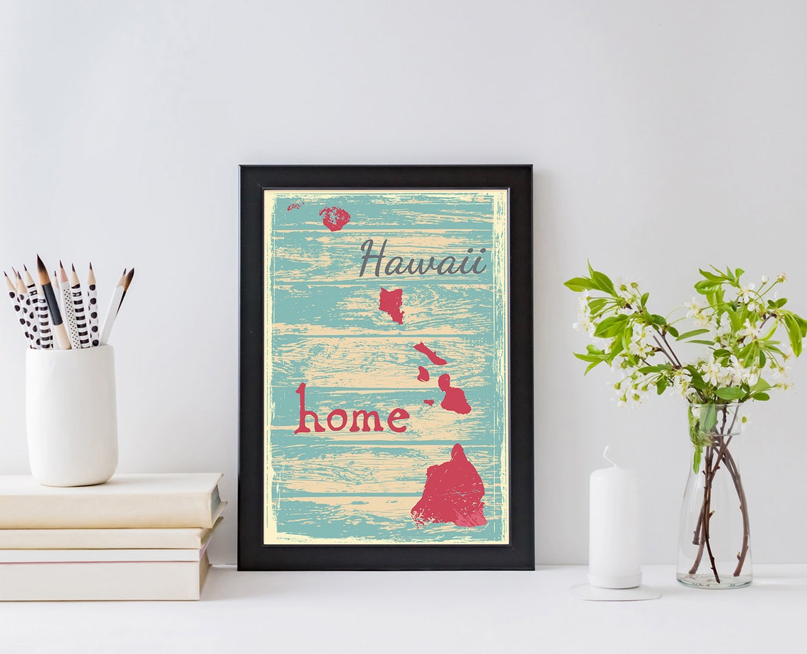 Hawaii Home Islands Red Silhouette Vintage Distressed Teal Map Poster - Image 2
