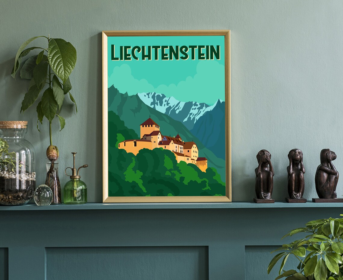 Liechtenstein Vaduz Castle Snowy Alpine Mountains Retro Travel Poster - Image 3
