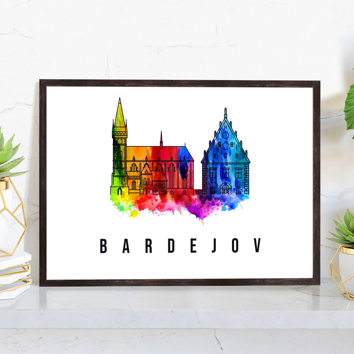 Bardejov Slovakia Watercolor Rainbow Church Old Town Skyline Poster