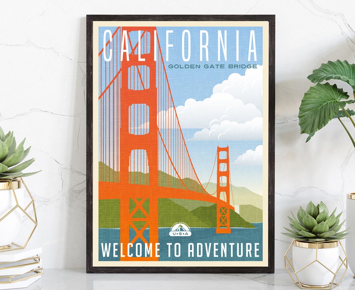 California Golden Gate Bridge Retro Vintage Travel Adventure Poster