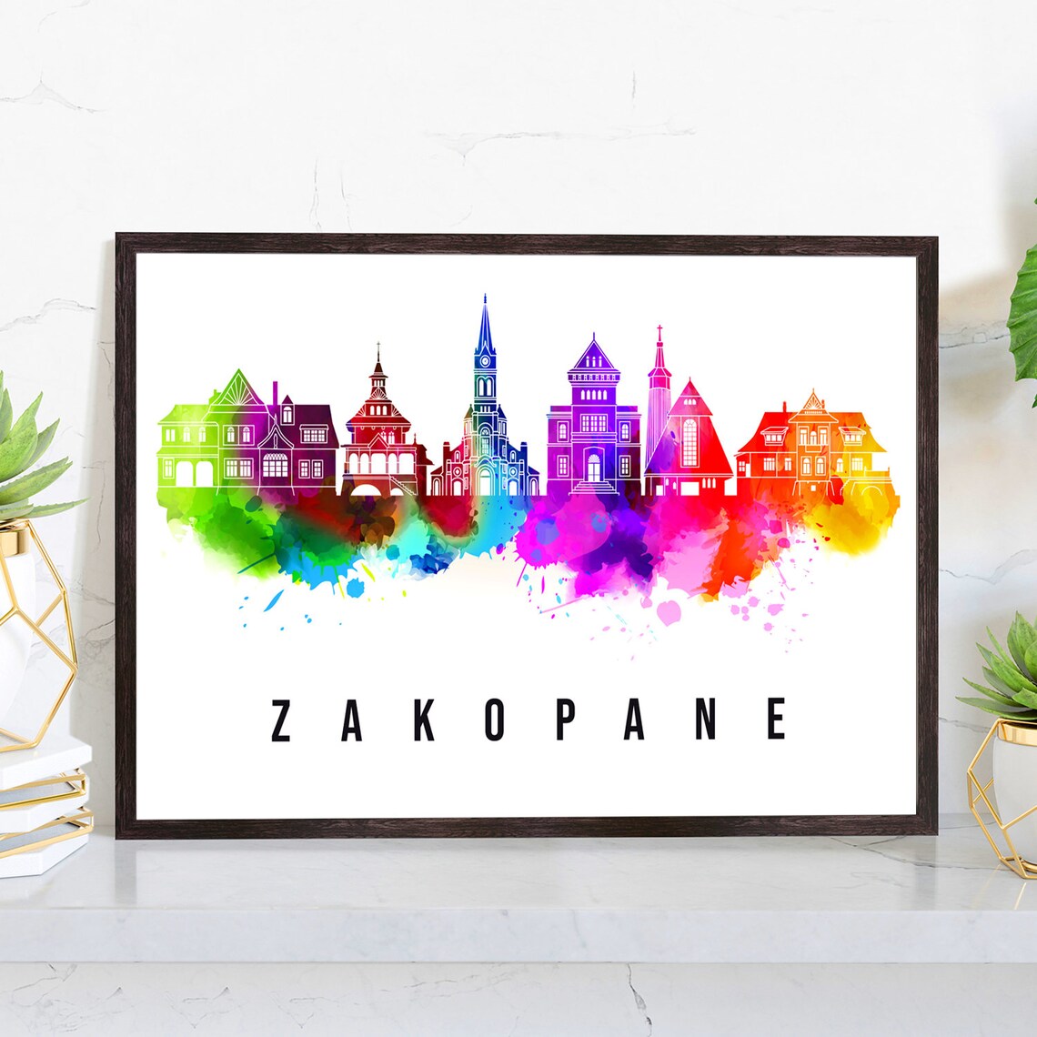 Zakopane Poland Rainbow Watercolor City Skyline Travel Poster
