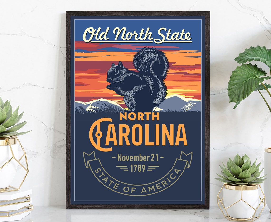 North Carolina Old North State Squirrel Sunset Vintage Travel Poster