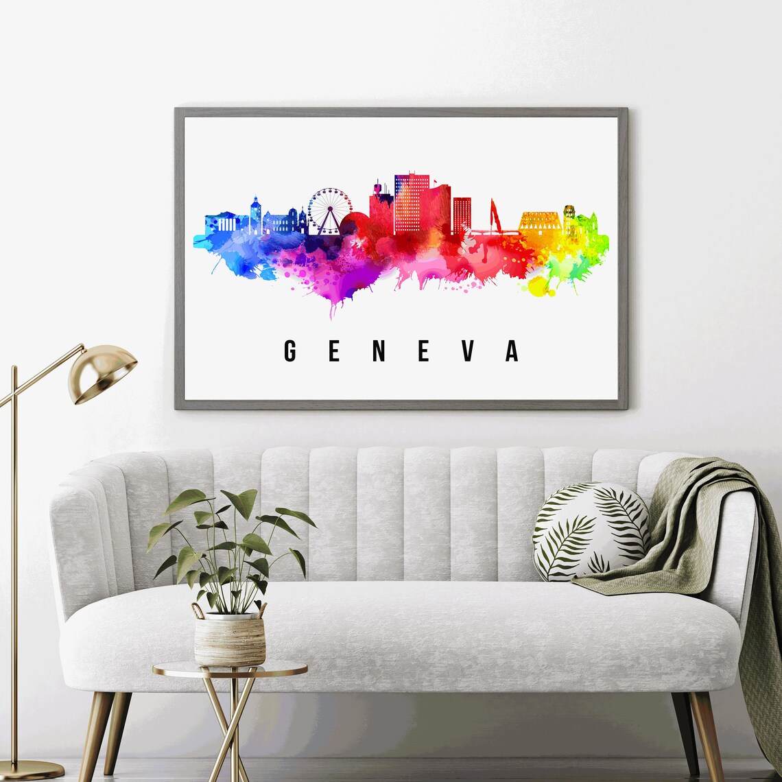 Geneva Switzerland Rainbow Watercolor Skyline Modern Art Wall Poster - Image 4