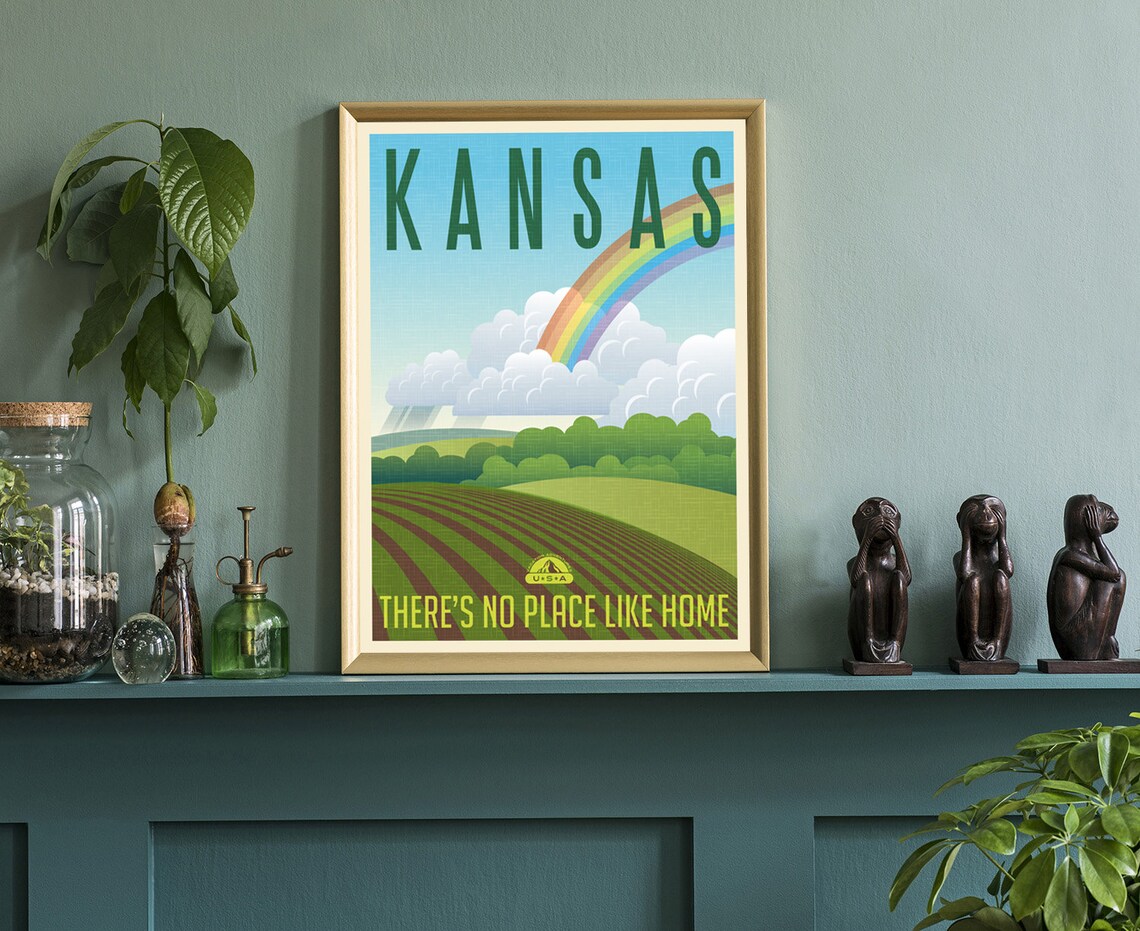 Kansas Theres No Place Like Home Rainbow Farmland Retro Travel Poster - Image 3