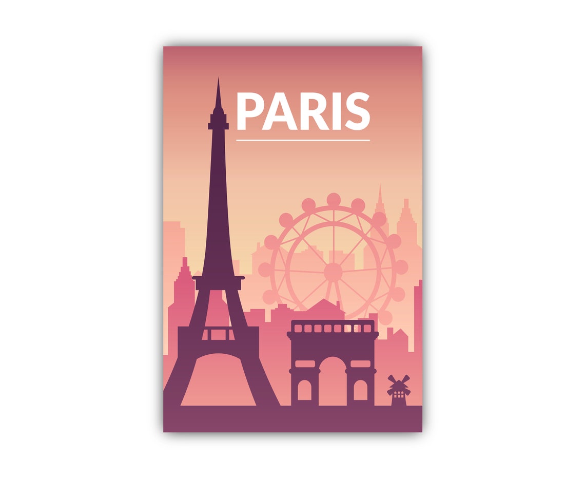 Paris Eiffel Tower Retro Sunset Vector Travel Poster Pink Sky Print - Image 2