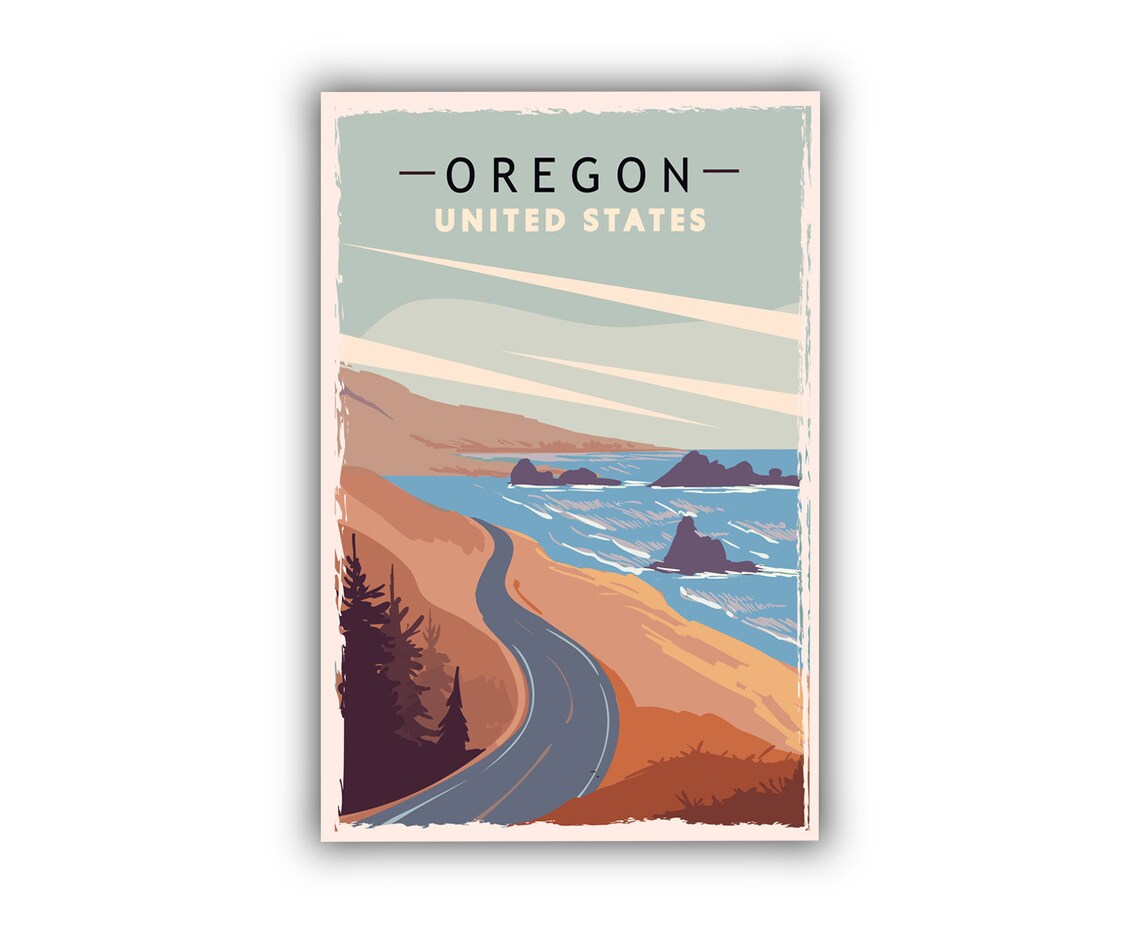 Oregon United States Coastal Highway Sea Stacks Sunset Vintage Poster - Image 2