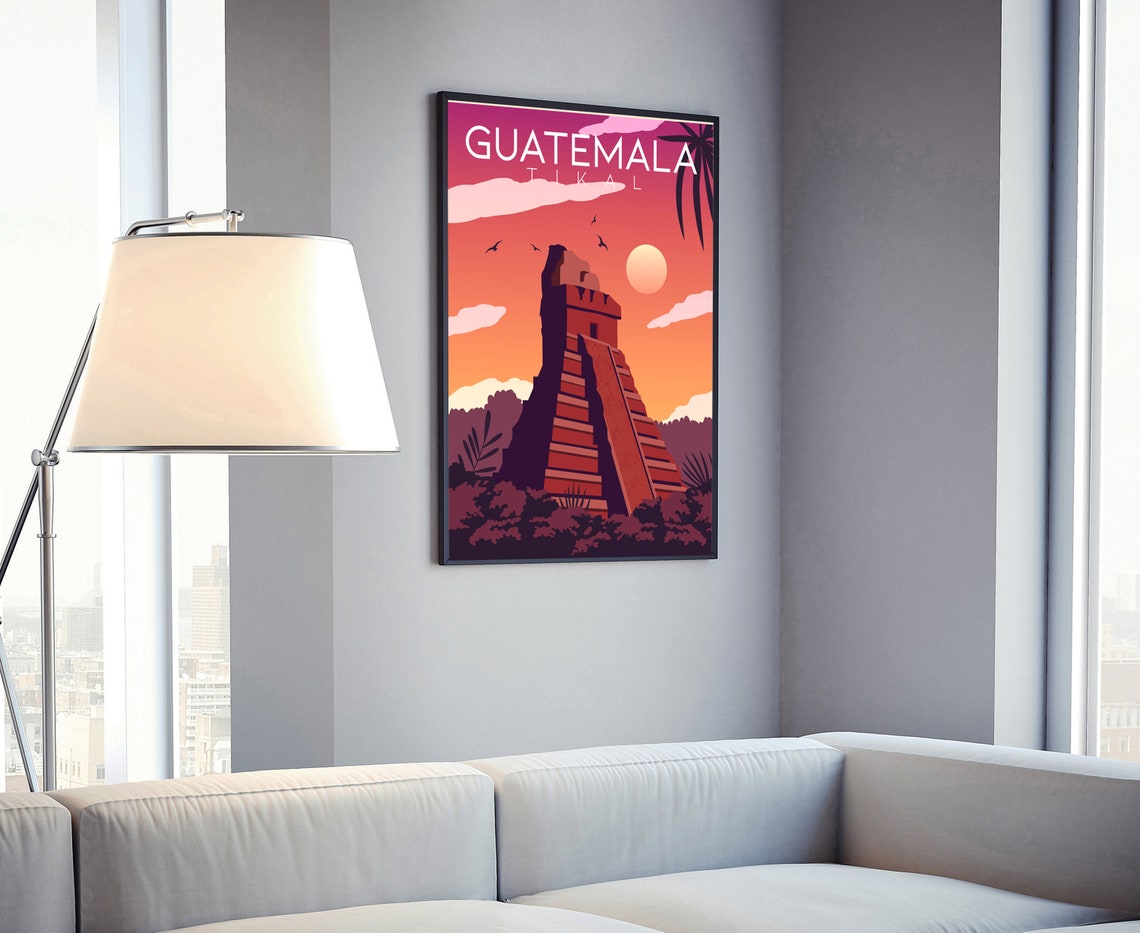 Tikal Guatemala Maya Pyramid Sunset Jungle Vintage Travel Poster - Image 4