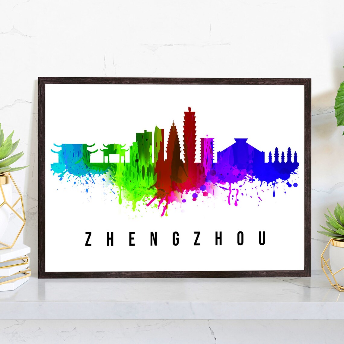 Zhengzhou China Rainbow Watercolor Skyline Silhouette Travel Poster