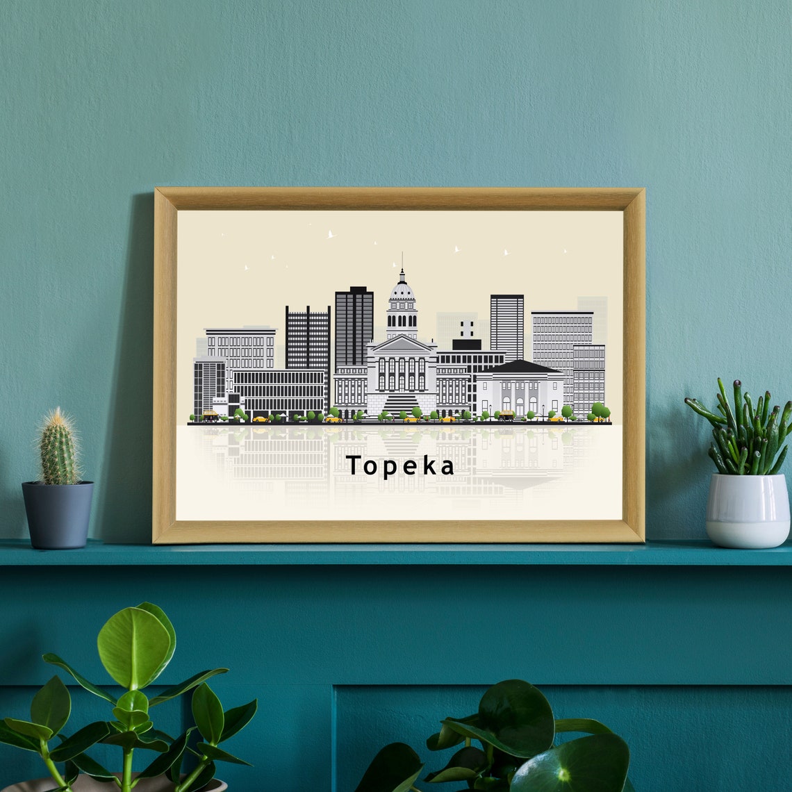 Topeka Kansas Capitol Dome Skyline Illustration With Reflection Poster - Image 3