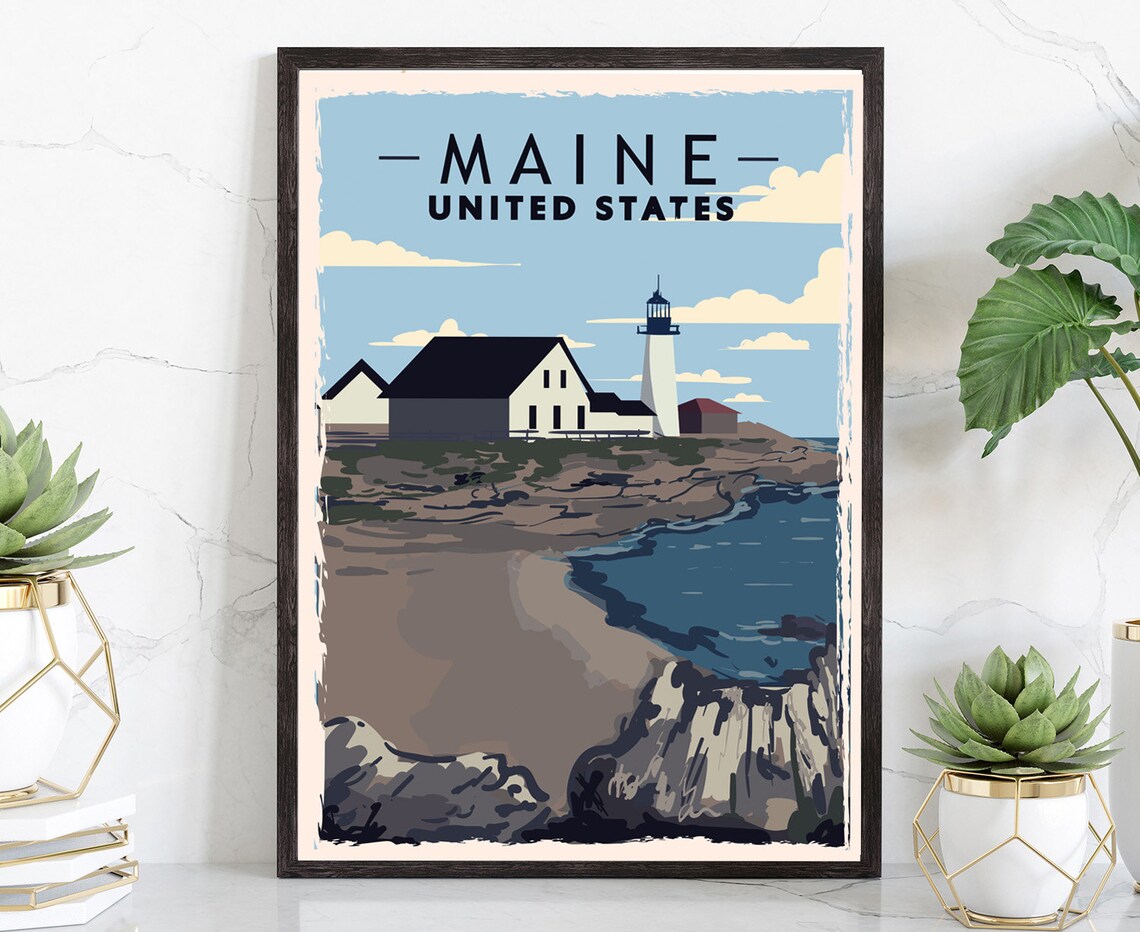 Maine United States Rocky Coast Lighthouse Retro Travel Poster