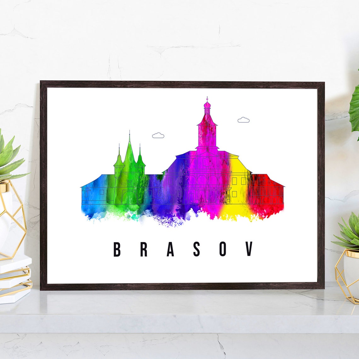 Brasov Romania Rainbow Watercolor Skyline Church Spires Poster