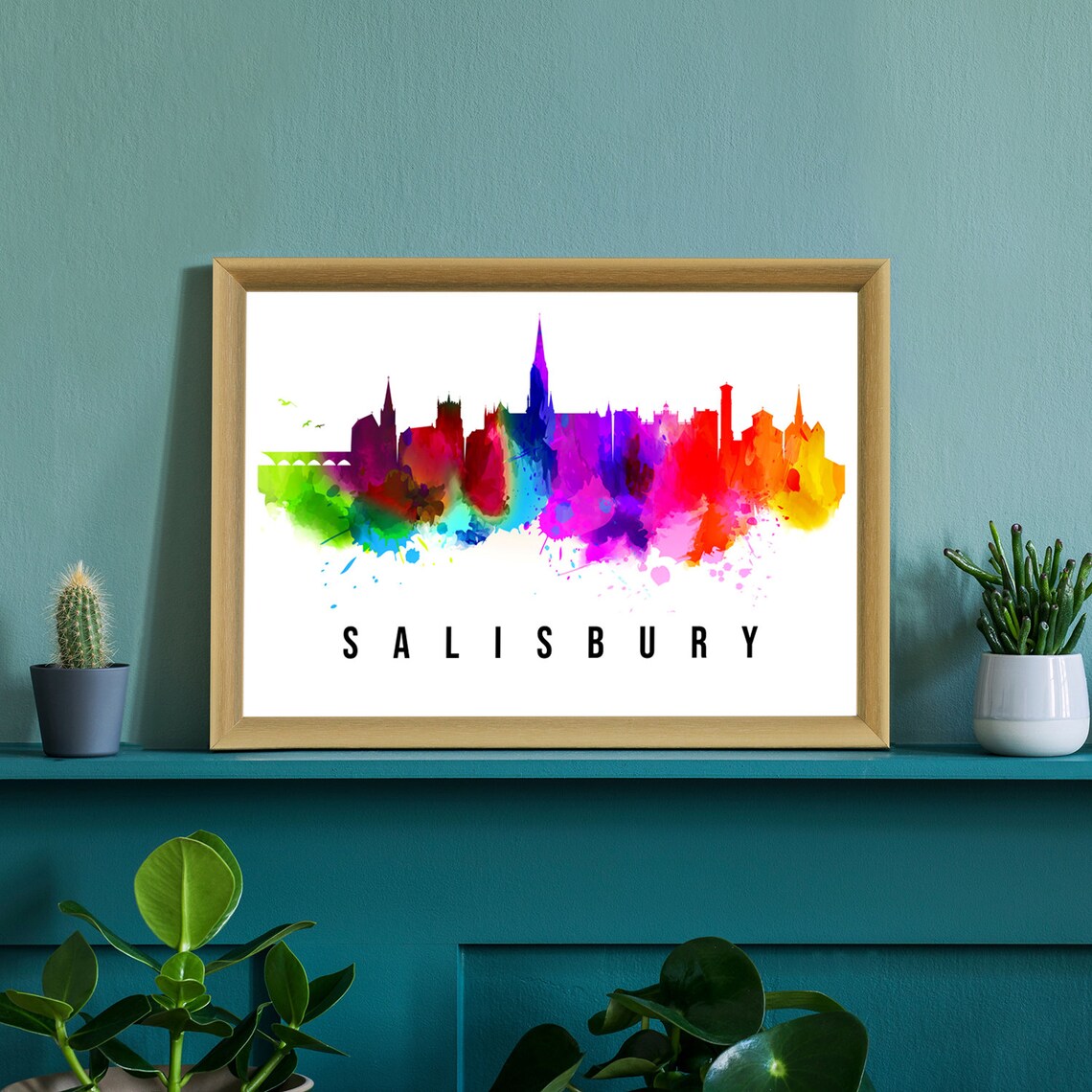 Salisbury England Cathedral Spire Watercolor Skyline City Poster - Image 3