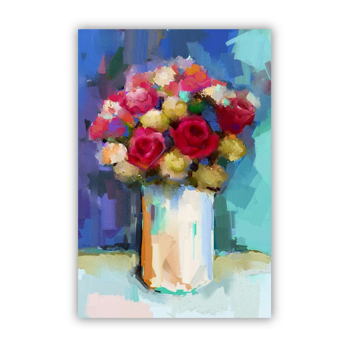 Colorful Abstract Roses Bouquet Teal Background Floral Art Poster - Image 2