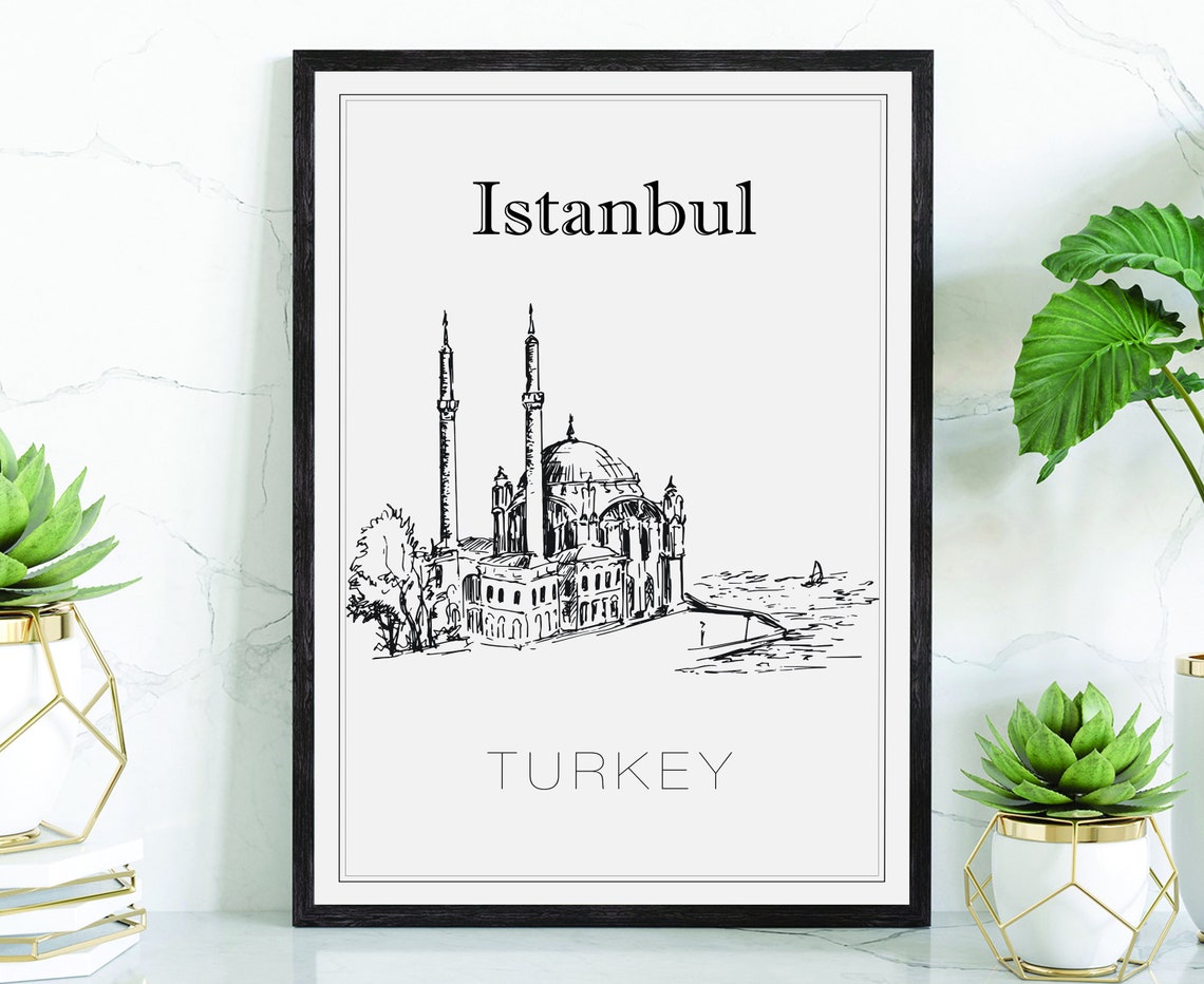 Istanbul Turkey Ortakoy Mosque Bosphorus Waterfront Sketch Poster