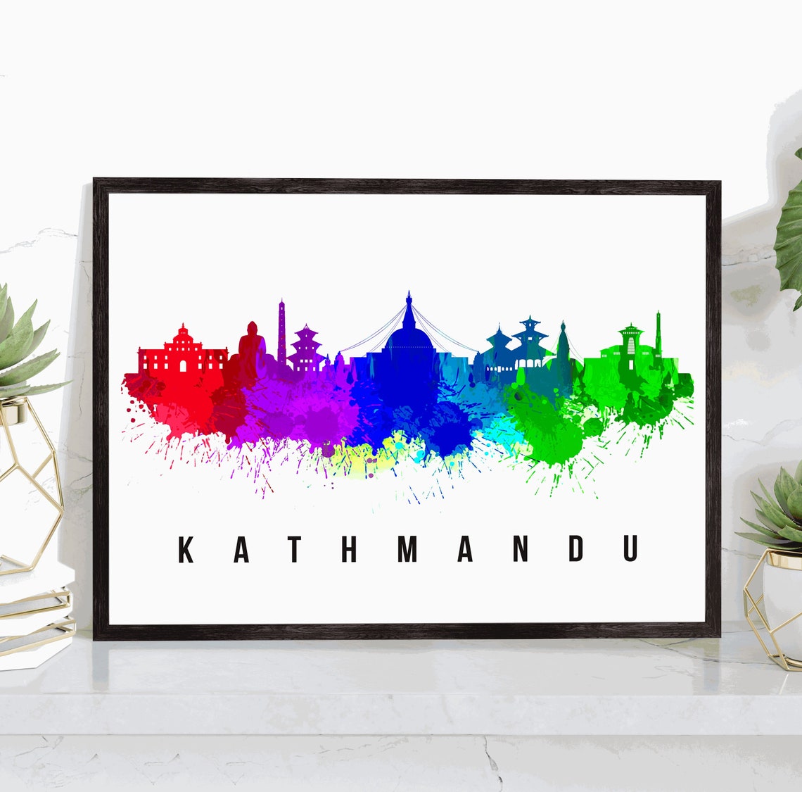 Kathmandu Nepal Stupas Temples Rainbow Watercolor Skyline Poster