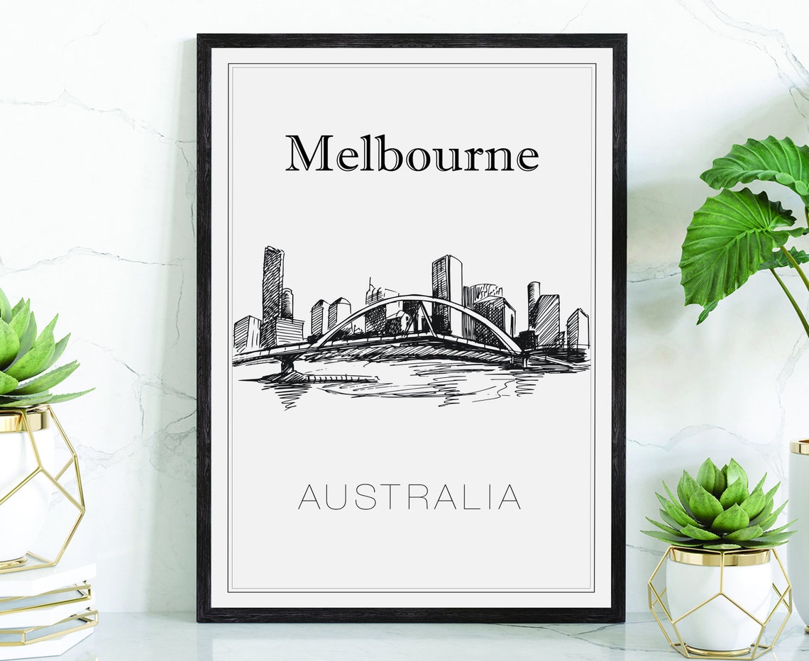 Melbourne Australia River Bridge Skyline Hand Drawn Sketch Poster