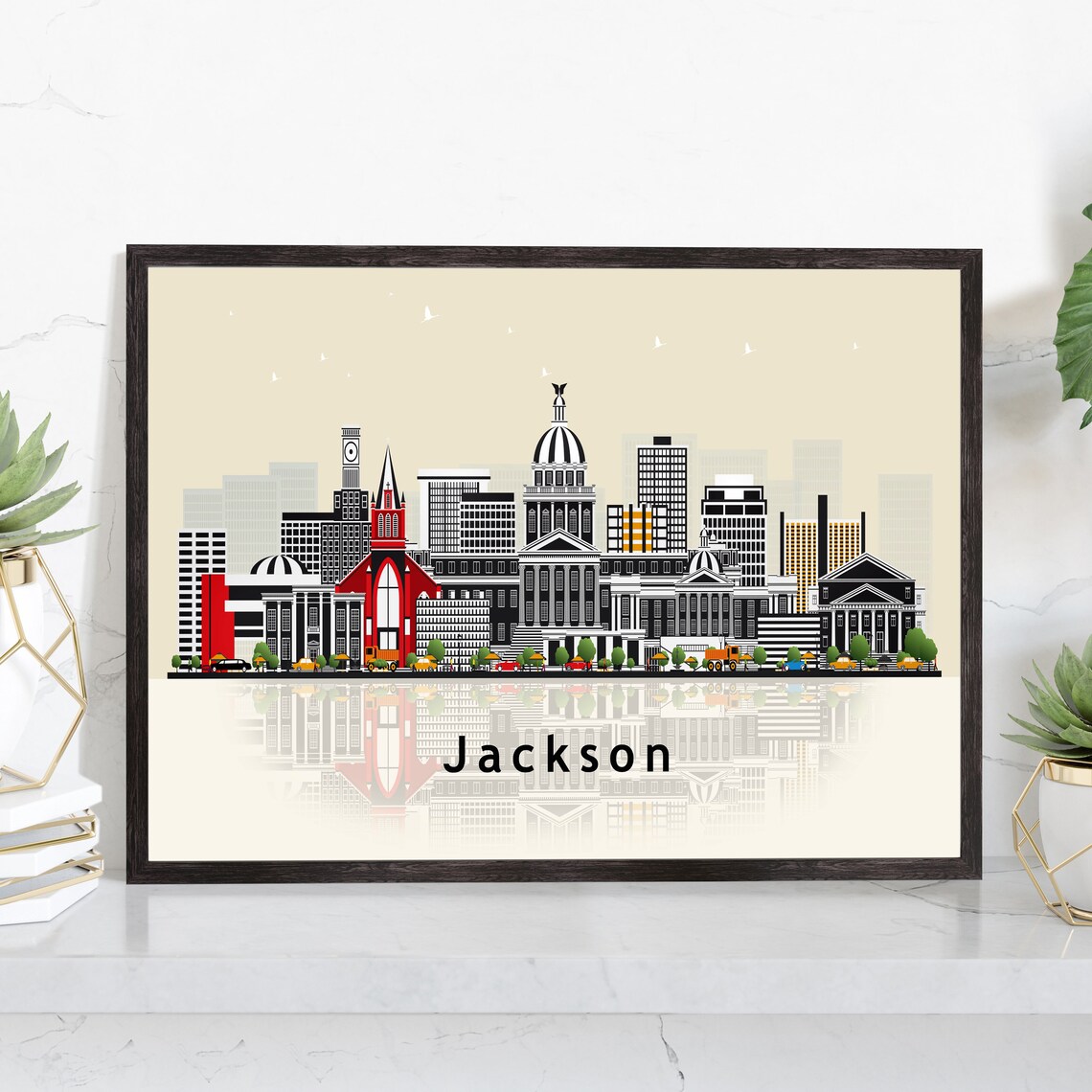 Jackson Mississippi Skyline Landmark Illustration Cityscape Poster