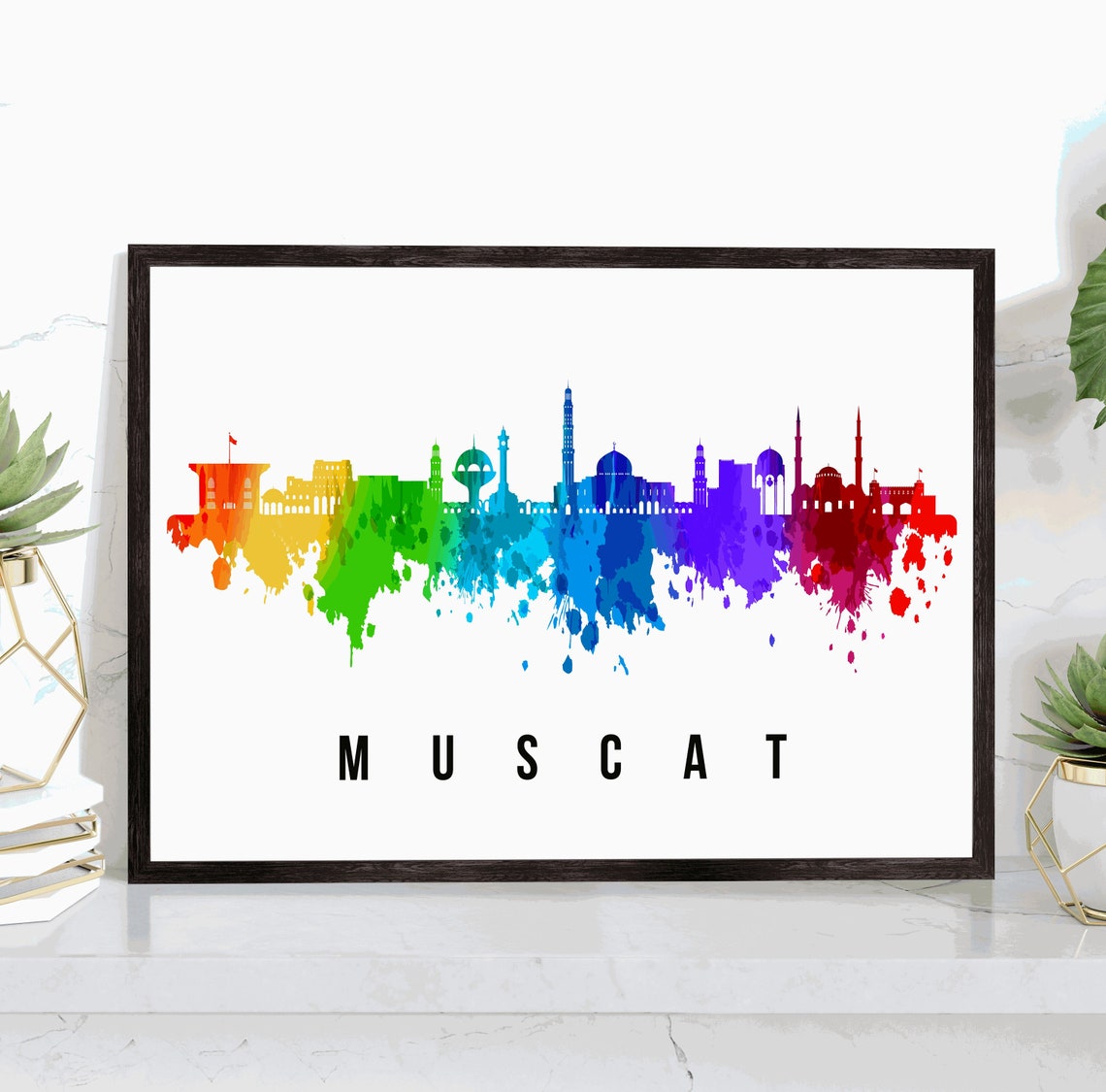 Muscat Oman Mosque Domes Rainbow Watercolor Skyline Travel Poster