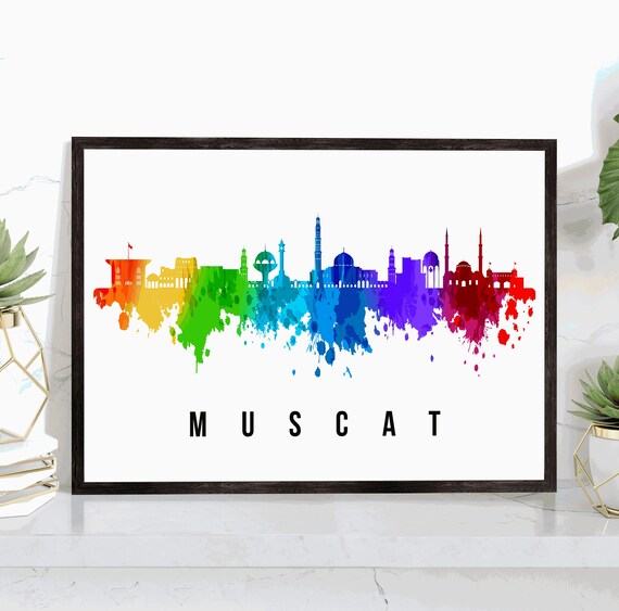 Muscat Oman Mosque Domes Rainbow Watercolor Skyline Travel Poster
