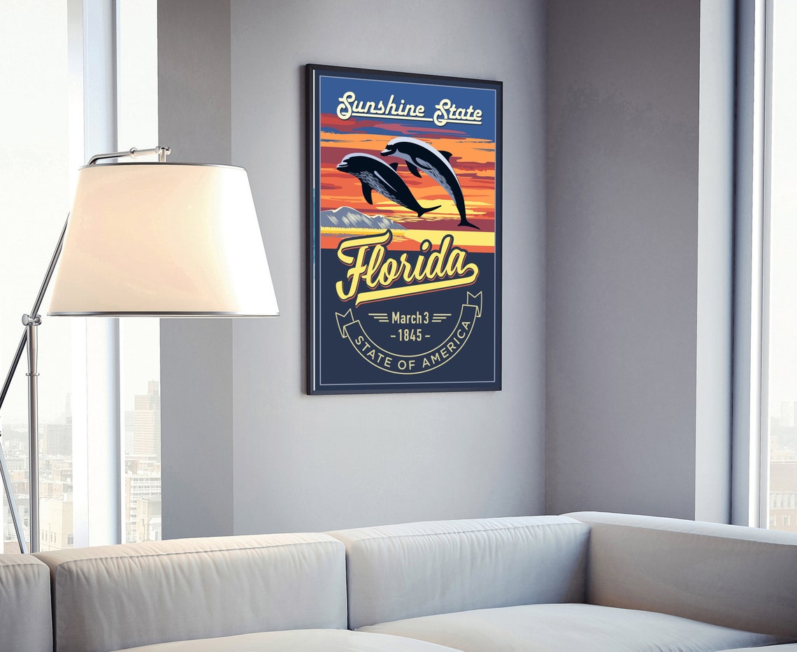 Florida State Emblem Retro Dolphins Sunshine State Travel Poster - Image 3