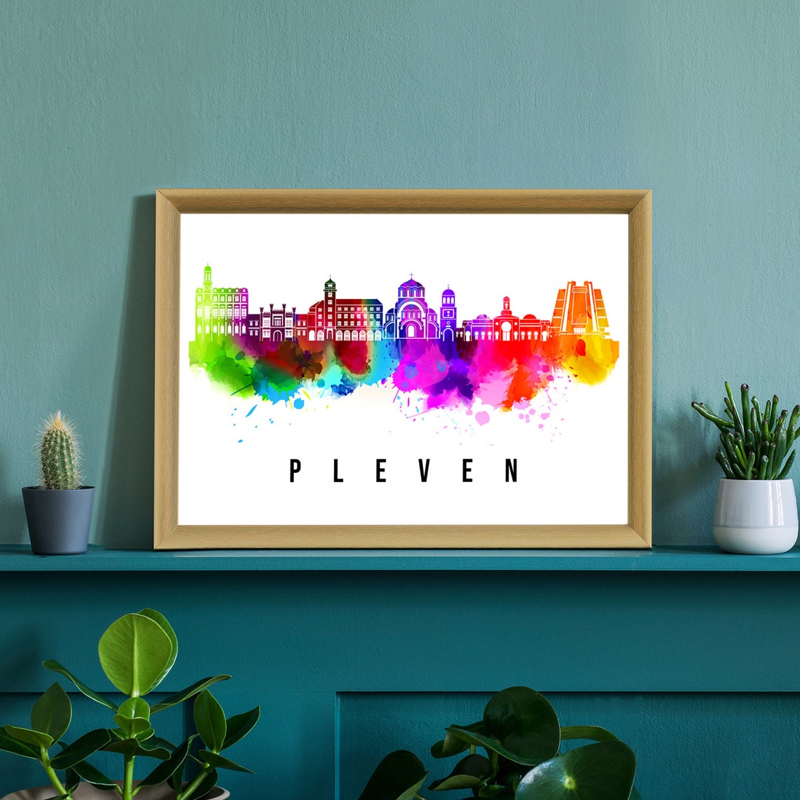 Pleven Bulgaria Watercolor Skyline Rainbow Landmark Travel Wall Poster - Image 2