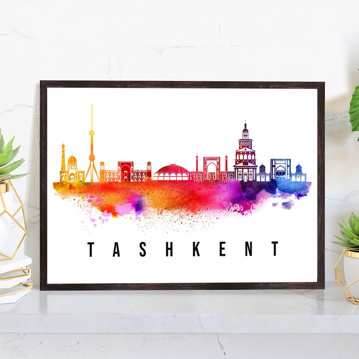 Tashkent Uzbekistan Skyline Watercolor Poster with Teal and Gold Tones