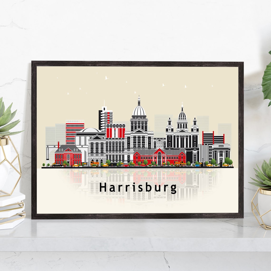 Harrisburg Pennsylvania Modern Flat Vector Skyline Travel Poster