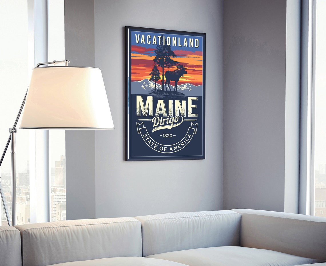 Maine Vacationland Moose Sunset Retro Dirigo State Travel Poster - Image 4