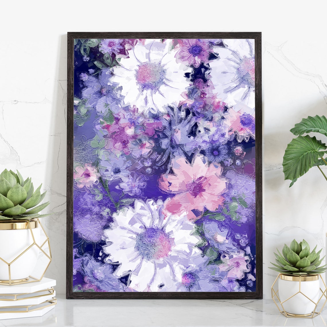 Violet Daisies Abstract Floral Texture Oil Painting Art Poster Print
