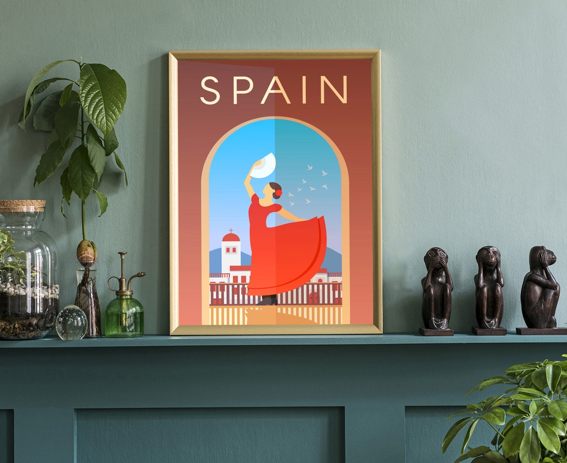 Spain Flamenco Dancer Red Dress Vintage Mediterranean Art Poster - Image 3