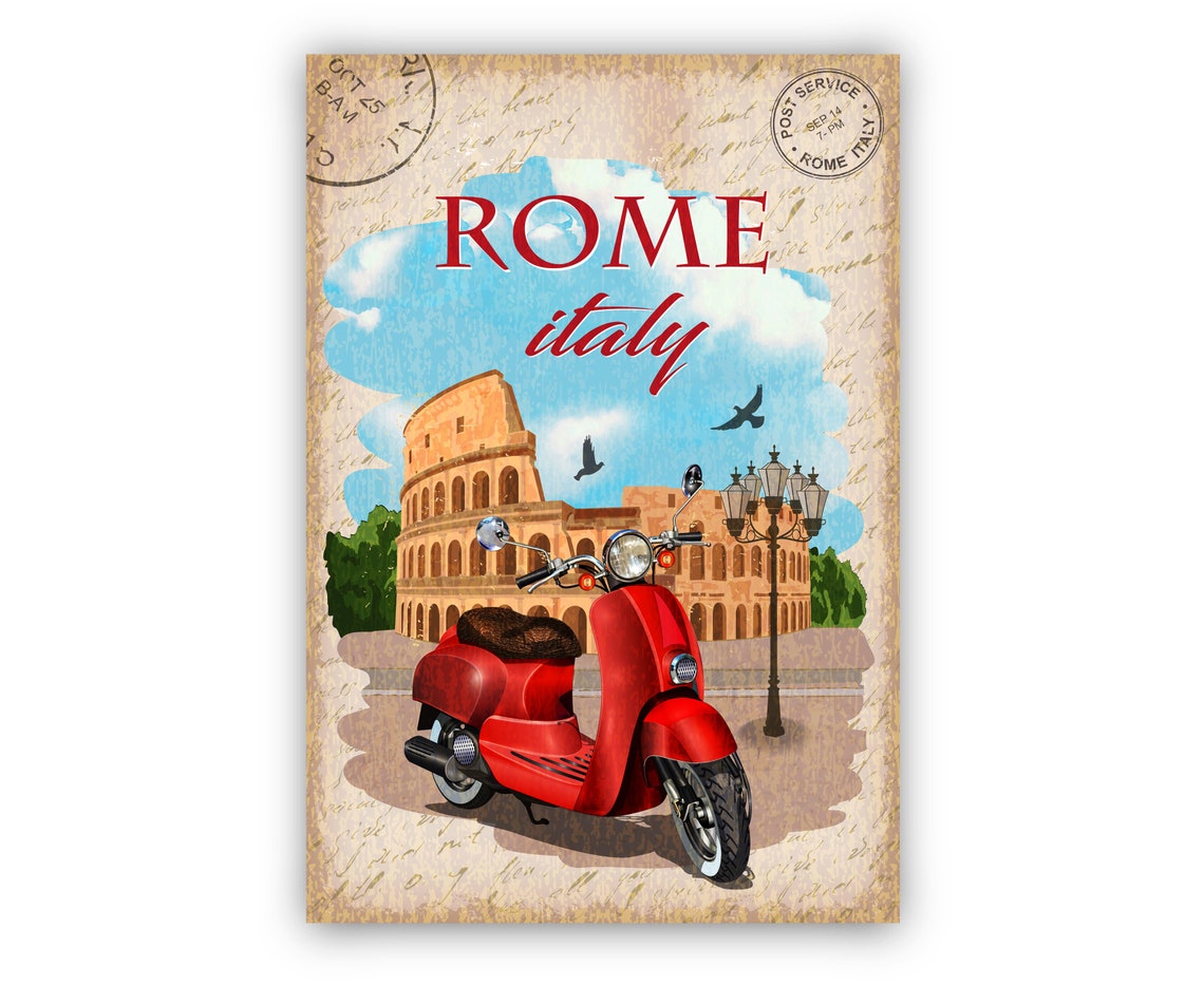 Rome Italy Vintage Colosseum Red Vespa Scooter Postcard Travel Poster - Image 2