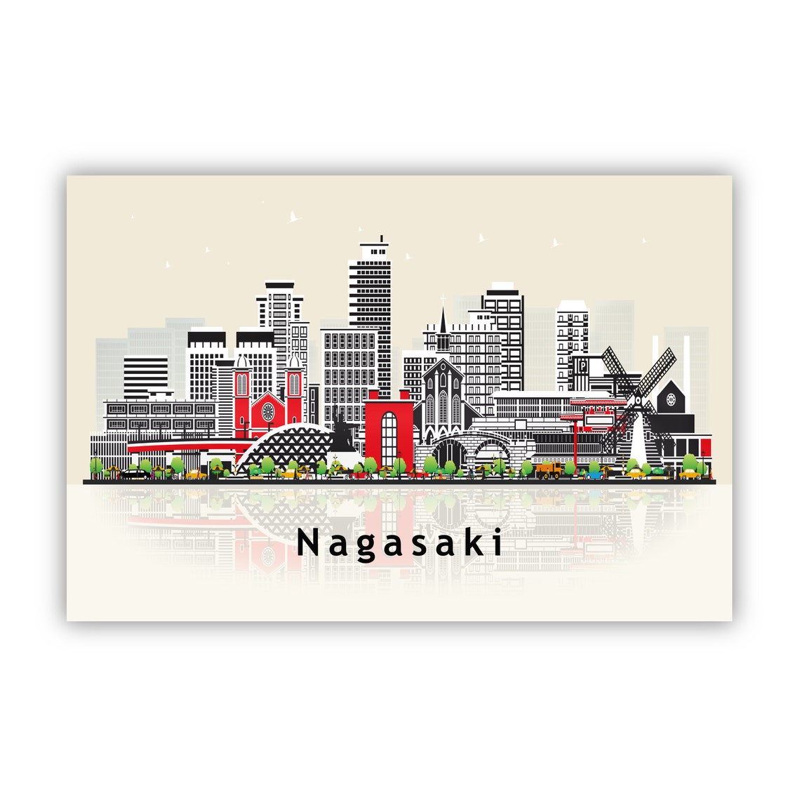 Nagasaki Japan Historic Skyline Flat Vector Illustration Poster - Image 2