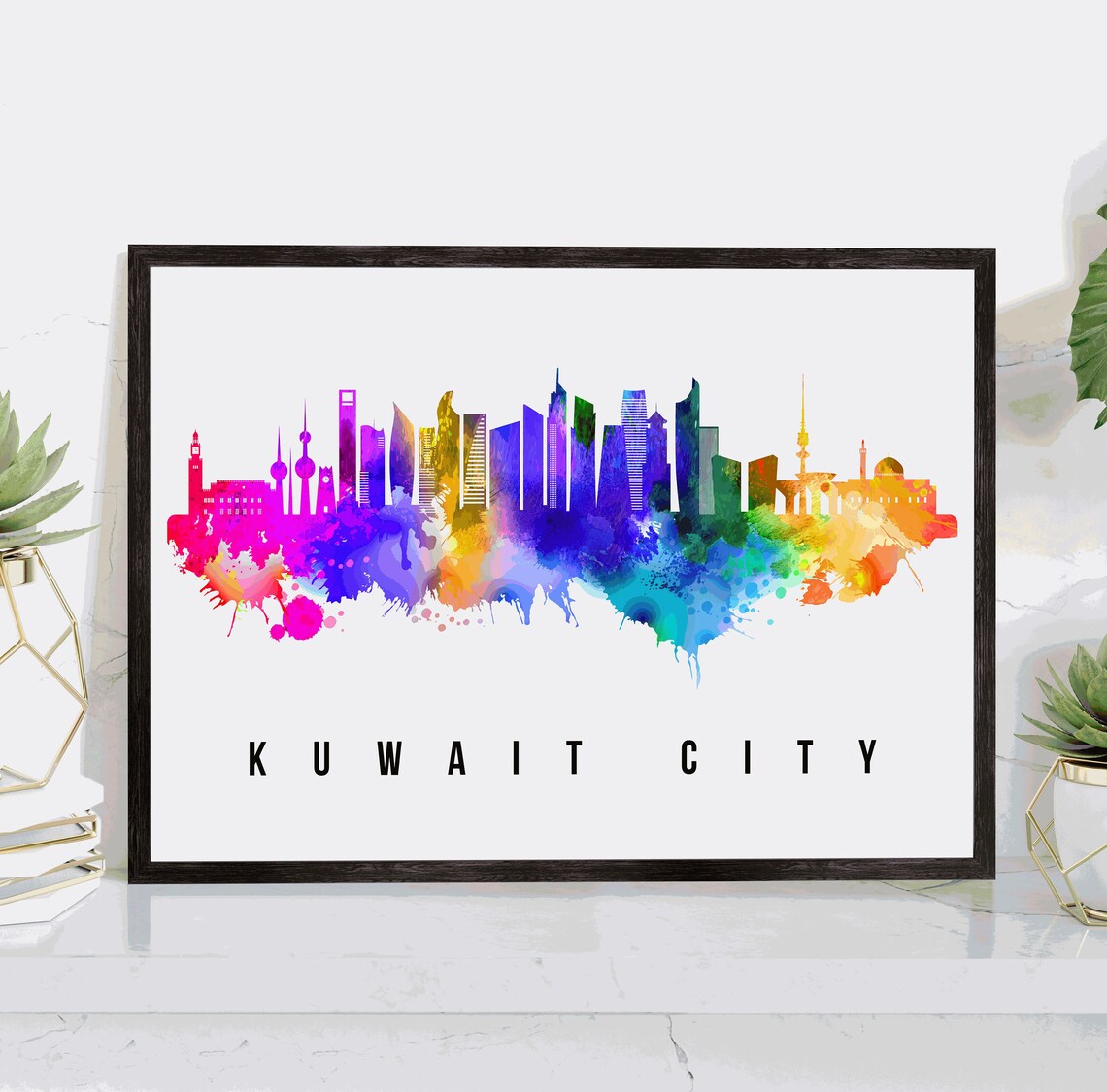 Kuwait City Kuwait Towers Rainbow Watercolor Skyline City Poster
