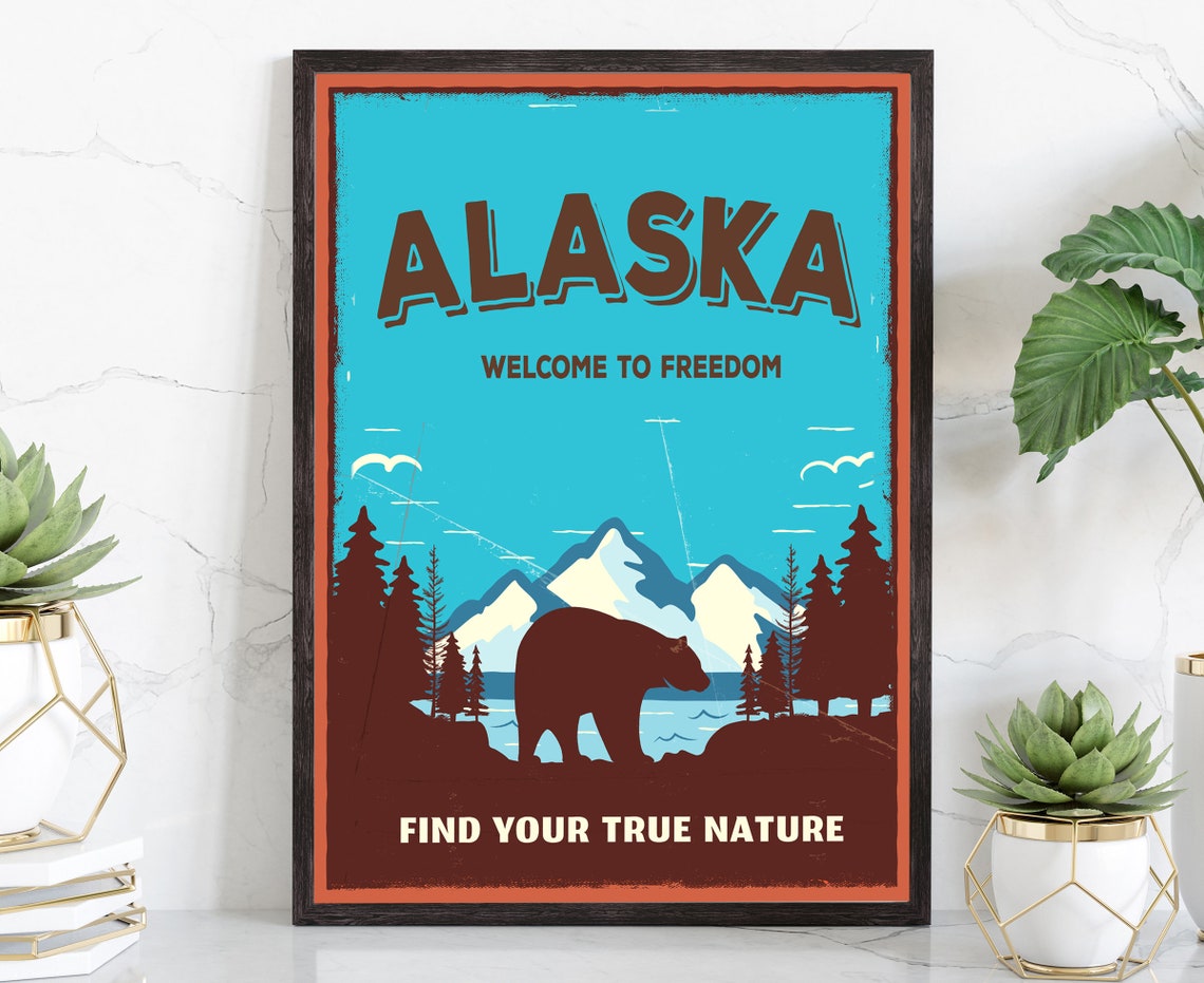 Alaska Bear Wilderness Mountains Retro Freedom Travel Poster