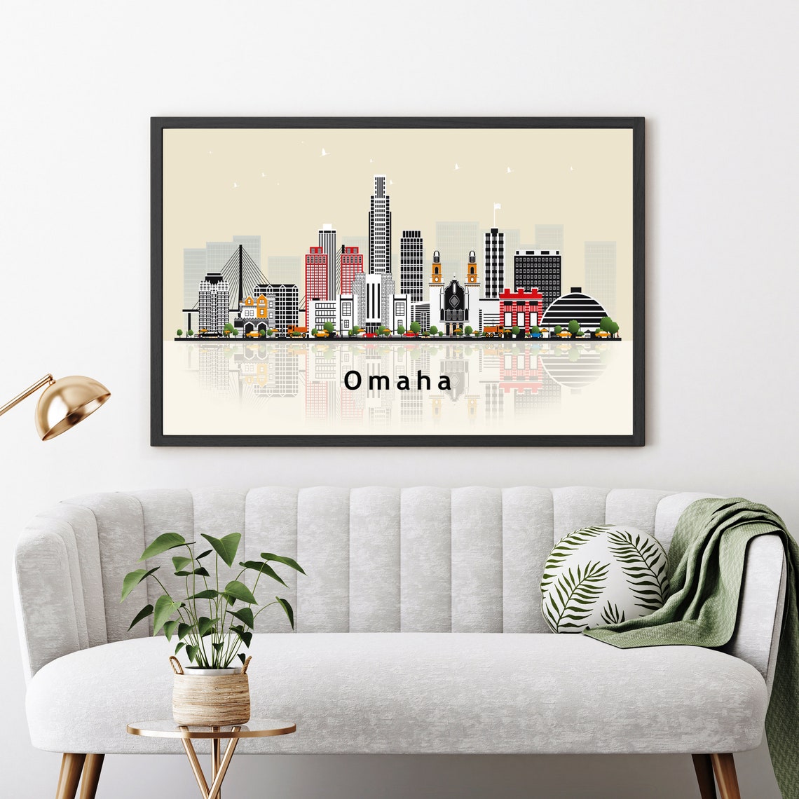 Omaha Nebraska Retro Vector Skyline Water Reflection City Poster - Image 3