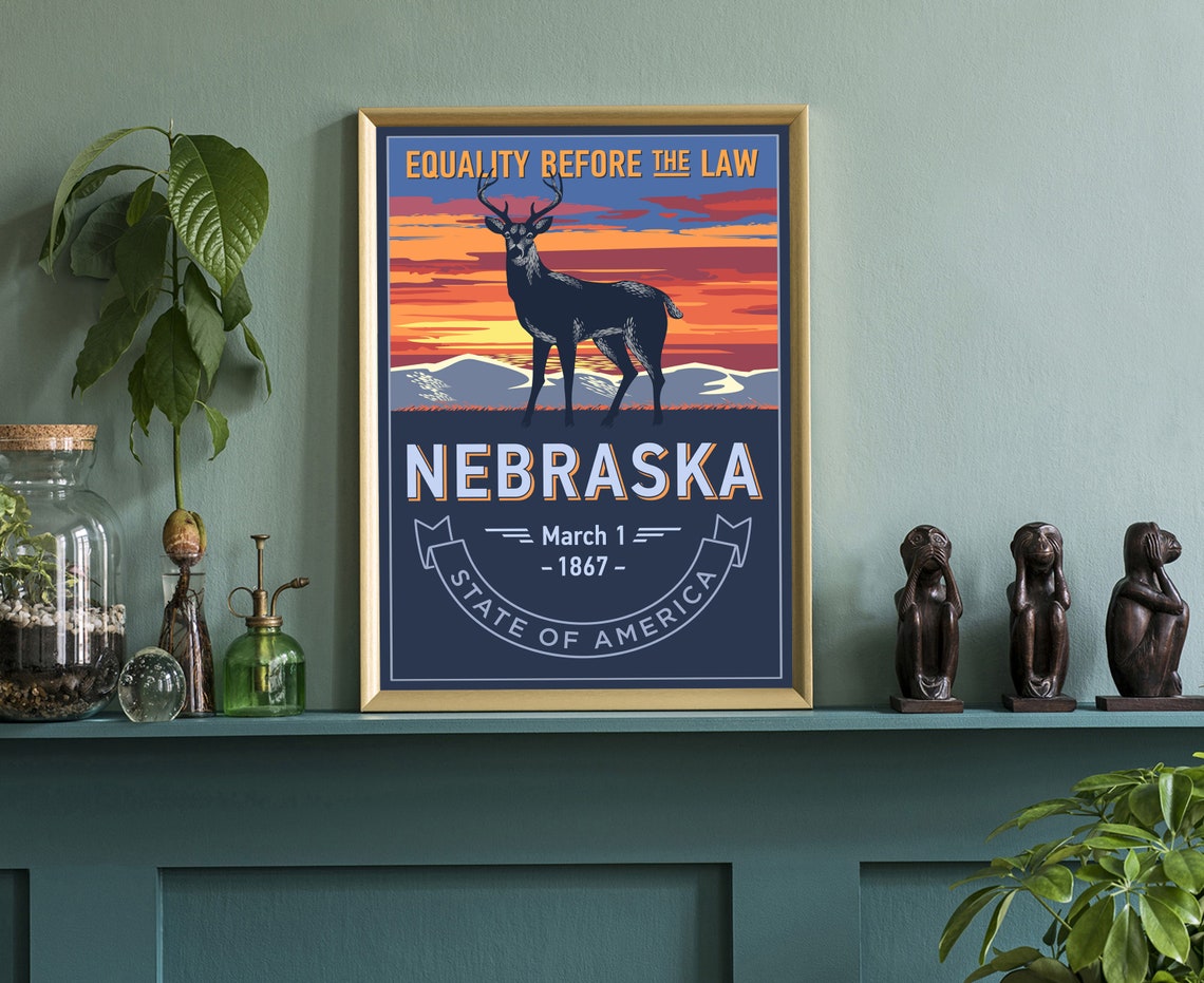 Nebraska Equality Before The Law Retro Deer Sunset State Emblem Poster - Image 3