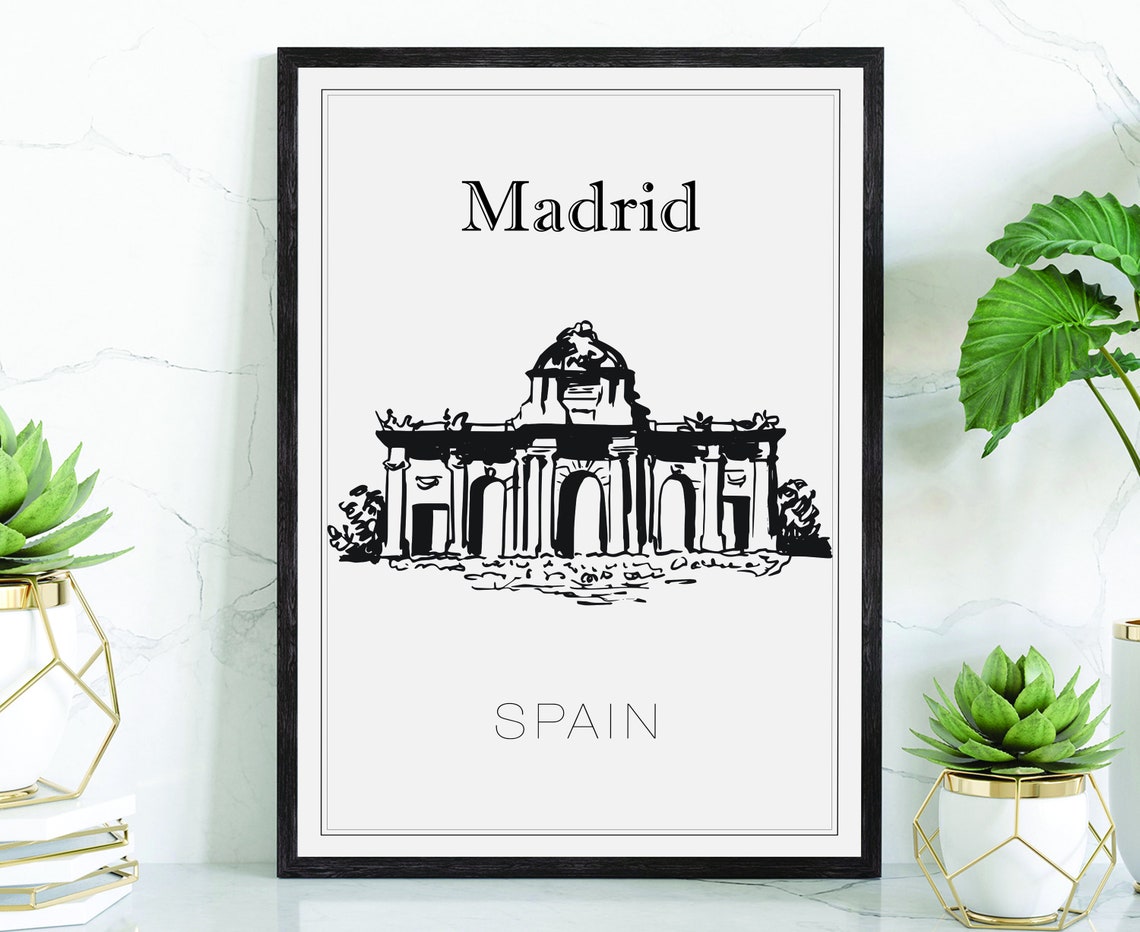 Madrid Spain Puerta de Alcalá Arch Hand Drawn Line Art Travel Poster