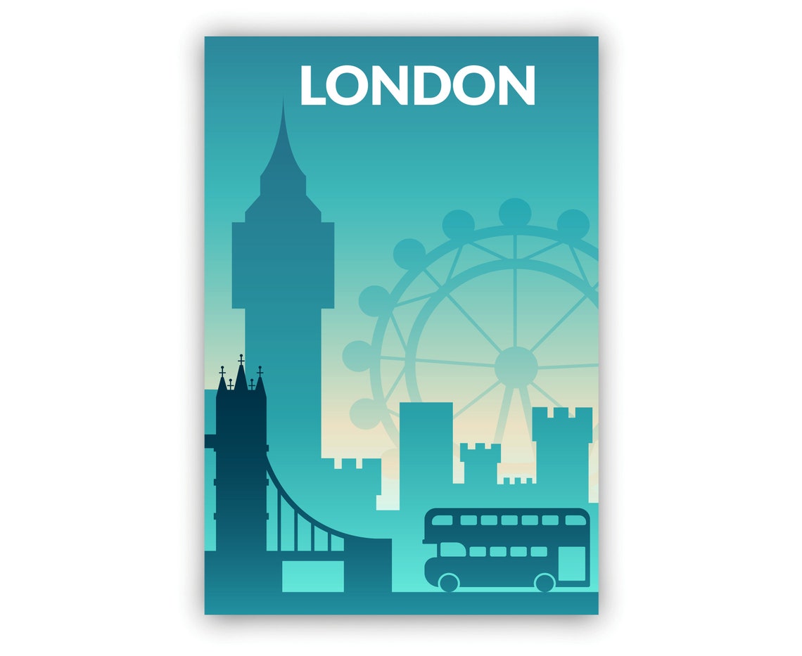 London England Teal Big Ben Skyline Silhouette Landmark Travel Poster - Image 2