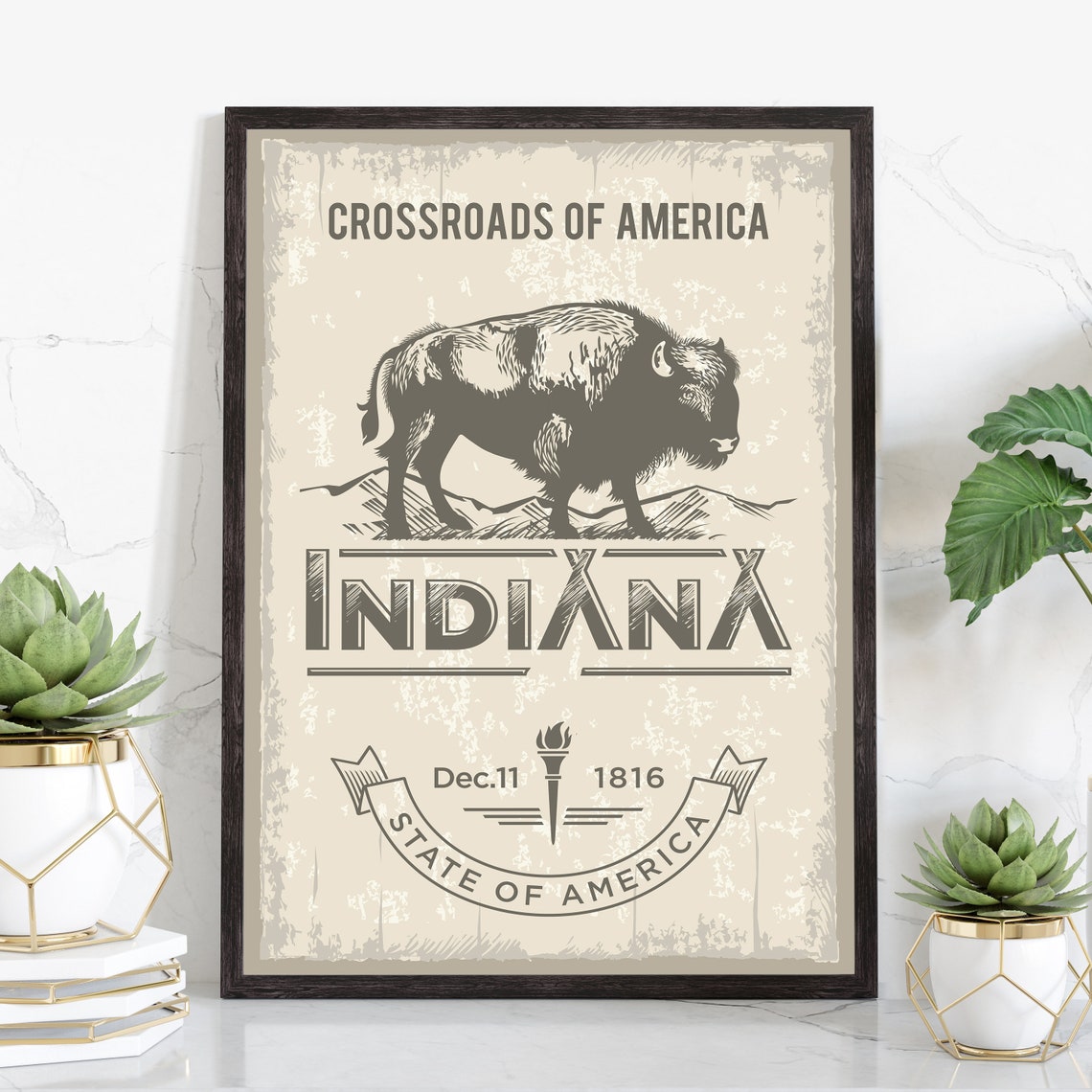 Indiana Crossroads of America Bison Vintage State Emblem Art Poster