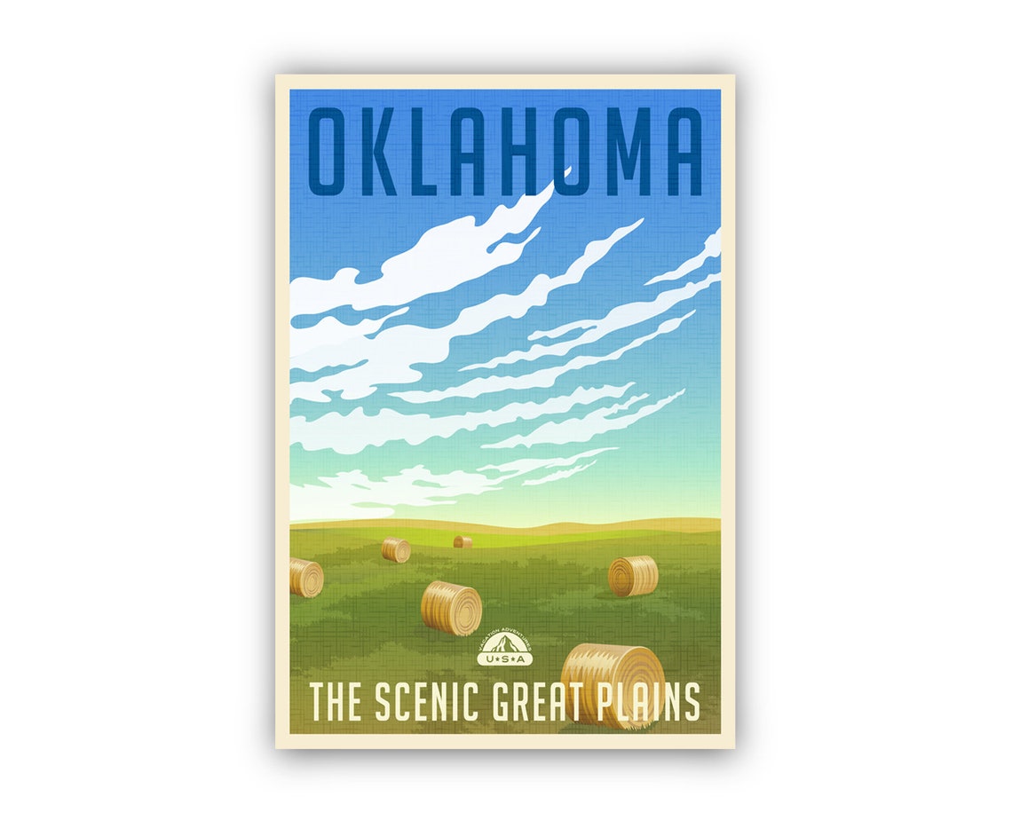 Oklahoma Scenic Great Plains Hay Bales Blue Sky Retro Travel Poster - Image 2