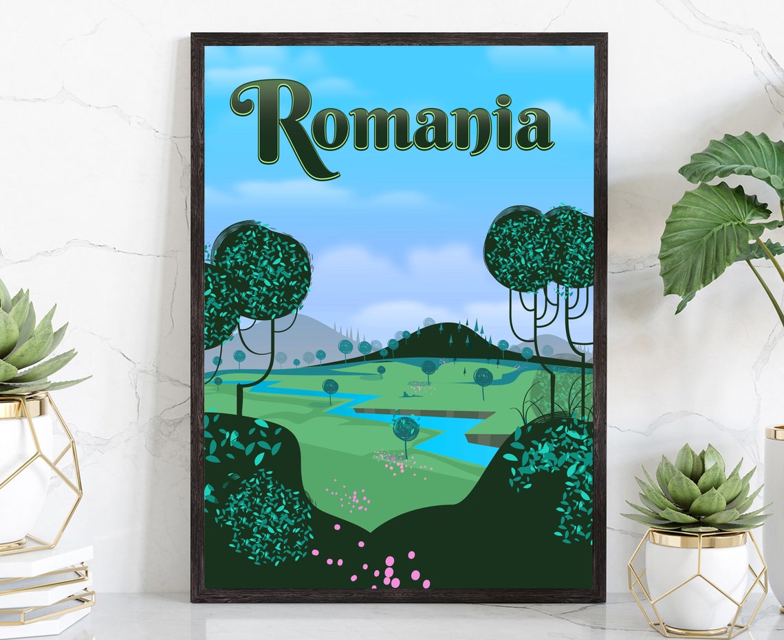 Romania Rolling Green Hills River Valley Scenic Travel Poster