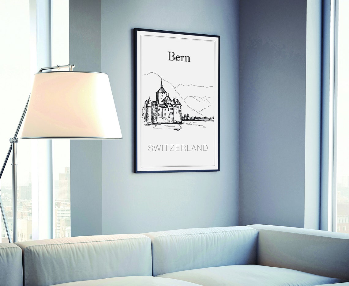 Bern Switzerland Castle Lakeside Mountain View Hand Sketch Poster - Image 4