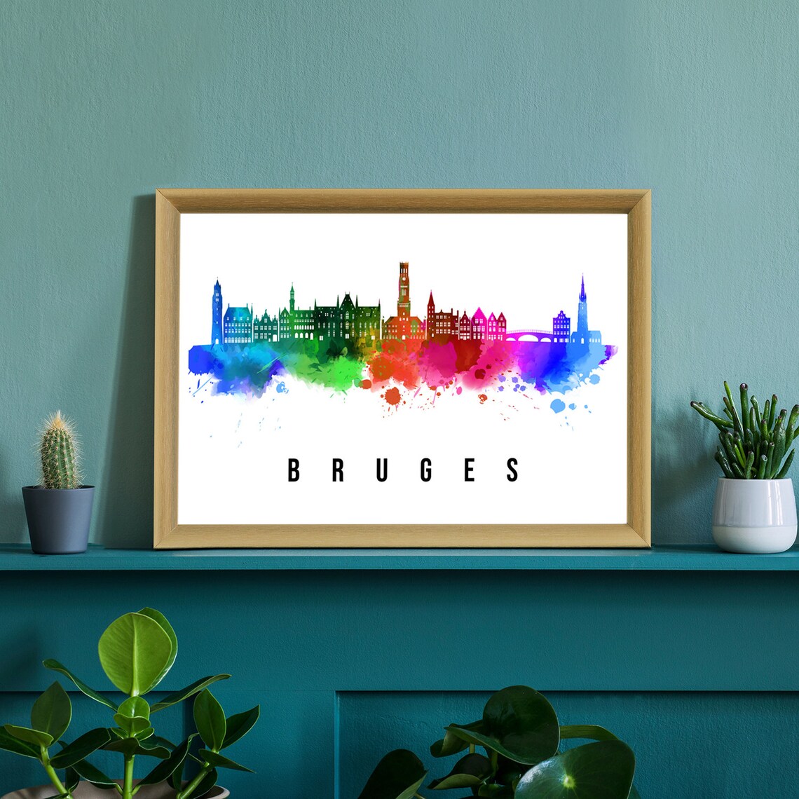 Bruges Belgium Rainbow Watercolor Skyline Historic Towers Wall Art - Image 2